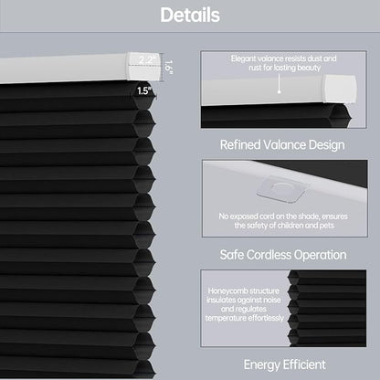 Cellular Shades Light Filtering Honeycomb Blinds for Indoor Windows, Cordless Cellular Shades 1.5 inch Cell Pleated for Bedroom Home Office, Custom Size, Half Shading Midnight Spark