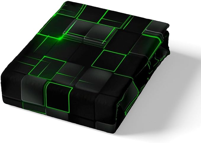 Manfei Abstract Sheet Set Full Size, Modern Geometric Square Grid Bed Sheet Set 4pcs with Deep Pocket Fitted Sheet + Flat Sheet + 2 Pillowcases, Green and Black Bedding Set for Kids Boys Girl Adults