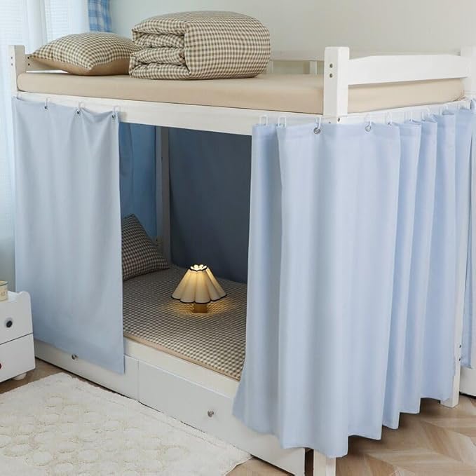2PCS Blackout Bed Curtains with Accessories Solid Color Single Loft Canopy Kids Student Blue