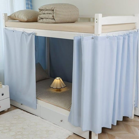 2PCS Blackout Bed Curtains with Accessories Solid Color Single Loft Canopy Kids Student Blue