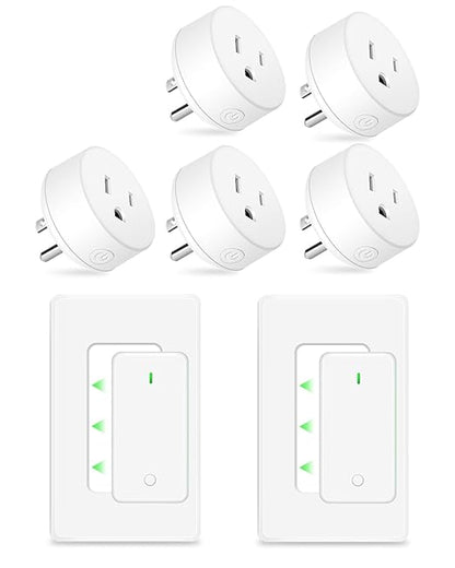 NineLeaf Wireless Remote Control Outlet Plug Kit, 5 Plug-in Light Switches with 2 Wall Remotes, 15A/1500W, No Wiring Needed, 500ft RF Range, Remote Light Switch for Lamps & Household Appliances