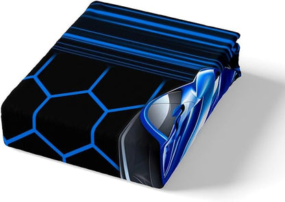 Blue Race Car Fitted Sheet,Honeycomb Geometric Soft Decorative Fabric Bedding Extreme Sports Theme Pocket Twin Size with 1 Pillowcase