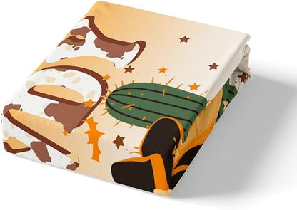 Halloween Pumpkin Full Size Fitted Sheet,Western Cowboy Hat Tribal Orange 3 Pieces Kids Teenager Room Decor Desert Cactus Rustic Cowhide Brown Cow Fur Pocket 2 Pillowcases