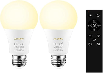 LED Bulb with a 2.4GHz Remote Control, A60 Smart Light Bulb for Lamp, Bderoom, Mood Soothing,12W 1000lm,100W Equivalent,Stepless Dimmable 1% to 100% 2700-6500K,2 Bulb & 1Remote
