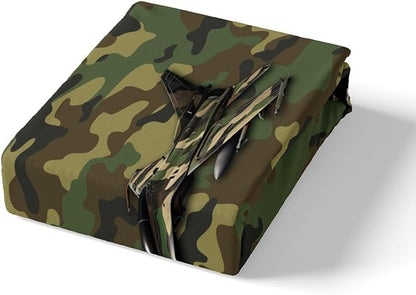 Manfei Aircraft Sheet Set Queen Size, Army Camo Tank Airplane Bed Sheet Set 4pcs with Deep Pocket Fitted Sheet + Flat Sheet + 2 Pillowcases, Green Camouflage Bedding Set for Kids Boys Teens Room Decor