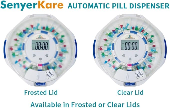 28-Day Bluetooth Automatic Pill Dispenser, Key Lock Security, Medication Dispenser up to 9 Alarms/Day, Sound & Light Alarms, Ezi-Read LCD & App Alert for Prescriptions, Vitamins, Clear Lid