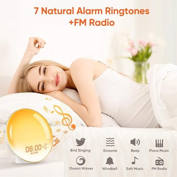 Mantle LED Sunrise Wake-Up Light - Smart Ambient Lamp Dual Alarm Clock, Bedside Night Light with GMT Dual Time