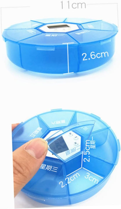 Mikinona Electronic Pill Dispenser with Alarm Clock Weekly Medication Organizer Box for Patients Blue Reminder Case with See-Through Lids for Easy Daily Medicine Management