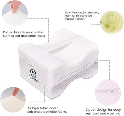 O-DYSSEY Orthopedic Knee Pillow for Side Sleepers – Memory Foam Leg Pillow for Hip, Sciatica & Back Pain Relief – Ergonomic Design with Washable Cover for Better Alignment & Comfortable Sleep