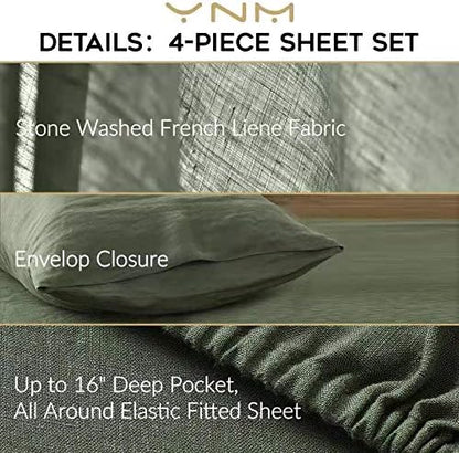YnM French Linen Sheet Set - 3-Piece Set Includes Flat Sheet, Fitted Sheet, and 1 Pillowcases – Twin, Army Green