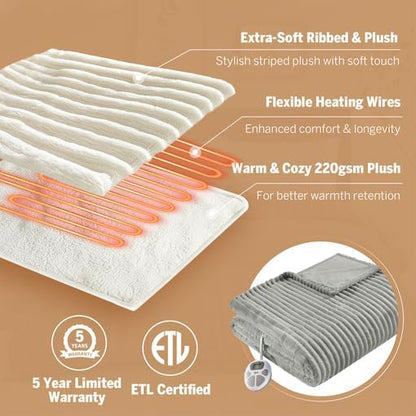 Serta Electric Blanket, Soft, Ribbed, Plush Heating Blanket Queen for Office, Couch, 1-12 hr Auto Shut Off Timer, 10 Lv Heating, ETL Certified, Queen 84"x90" Mineral Grey