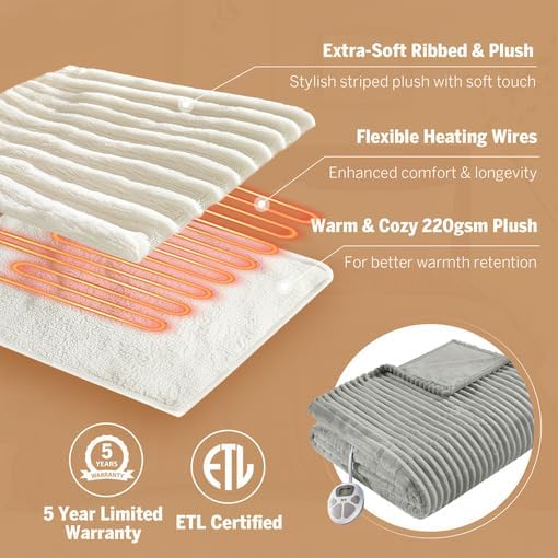 Serta Electric Blanket, Soft, Ribbed, Plush Heating Blanket King for Office, Couch, 1-12 hr Auto Shut Off Timer, 10 Lv Heating, ETL Certified, King 100"x90" Mineral Grey