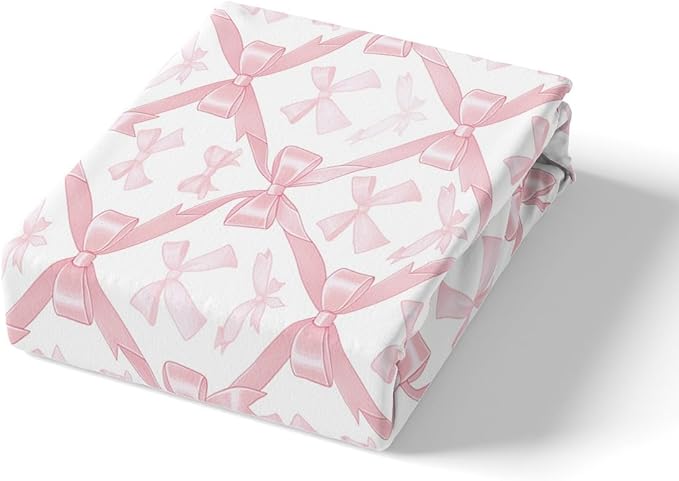 Pink Bowknots Full Size Fitted Sheet,Kawaii Bow-tie Patchwork Dreamy 3 Pieces Kids Teenager Room Decor Princess Fairy Tale Theme Girlish Grids Pocket 2 Pillowcases (No Flat Sheet)