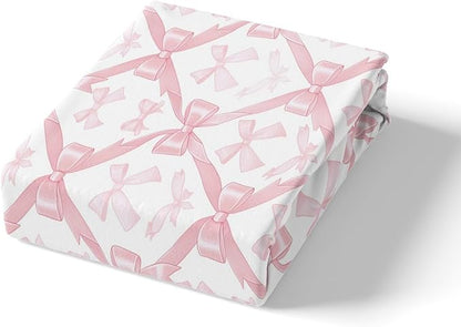 Pink Bowknots Fitted Sheet Queen Size,Kawaii Bow-tie Patchwork Dreamy Soft Bed Cover(1 Fitted Sheet+1 Pillow Case),Princess Fairy Tale Theme Girlish Grids Breathable Mattress Cover(No Flat Sheet)