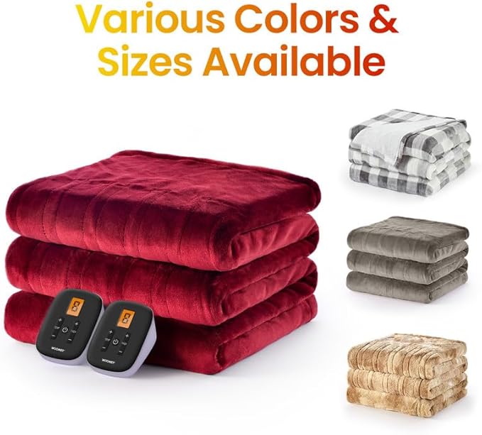WOOMER Electric Blanket Heated Queen Size 90"x 84" Warm Blanket Double Sided Luxurious Soft Faux Fur, ETL Certified, 10 Heating Levels 0.5-12H Auto Off Machine Washable Red