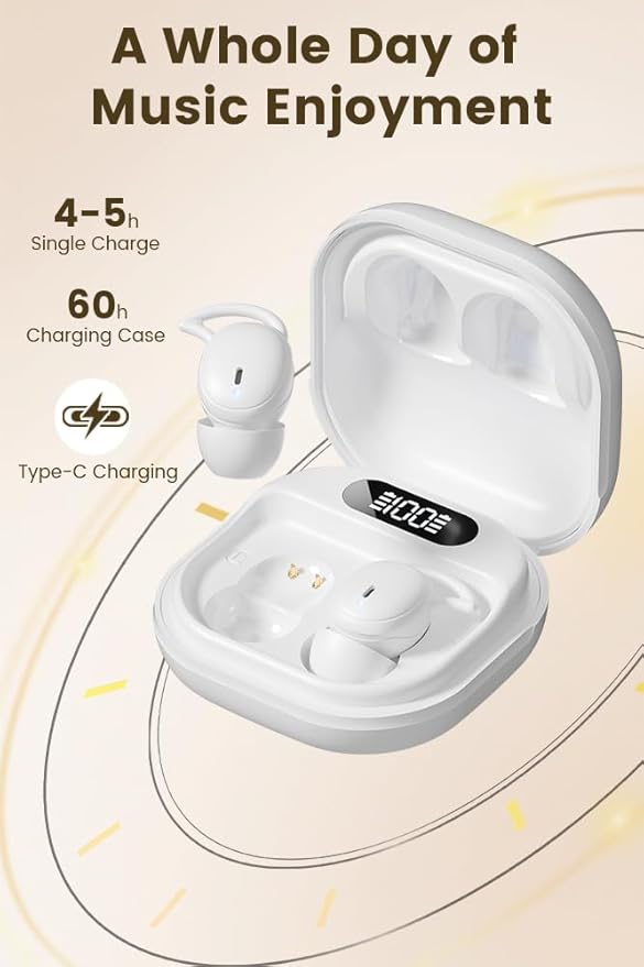 Sleep Earbuds, 5.4 Bluetooth Noise Cancelling Headphones for Sleeping, Ultra Thin Side Sleeper Proof Wireless Earphones with 60H Playback, HD Mic, Touch Control for Home Office Travel-White
