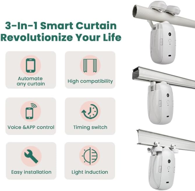 AutoDraw Pro Curtain Opener: 45dB Library-Quiet, 4000mAh Battery(6 Months), 3-Way Control (App/Voice/Remote), Fits U/T Tracks & Roman Shades, Alexa/Google Home (1 Pack)