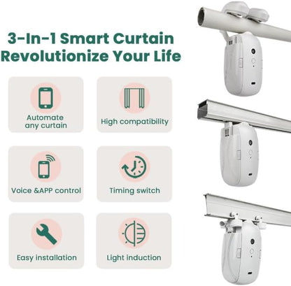 AutoDraw Pro Curtain Opener: 45dB Library-Quiet, 4000mAh Battery(6 Months), 3-Way Control (App/Voice/Remote), Fits U/T Tracks & Roman Shades, Alexa/Google Home (1 Pack)