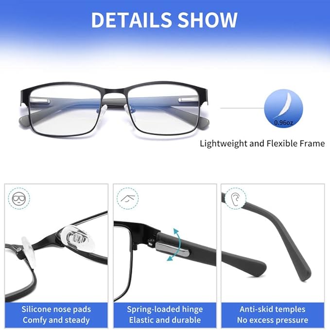 Reading Glasses for Men - 3 Pack Blue Light Blocking Men's Metal Readers