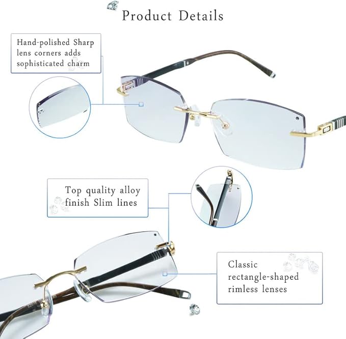LifeArt Blue Light Blocking Glasses,Computer Reading Glasses,Rimless Frame Tinted Lens with Diamond,Stylish for Men (+1.00 Magnification)