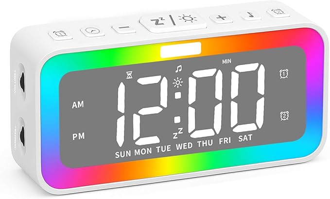 Cooluck Digital Alarm Clock for Bedrooms, Loud Dual Alarm for Heavy Sleepers, Large Display Desk Clock with 7 LED Night Lights, Nature Sounds, for Adults, Teens, Home or Office (White)