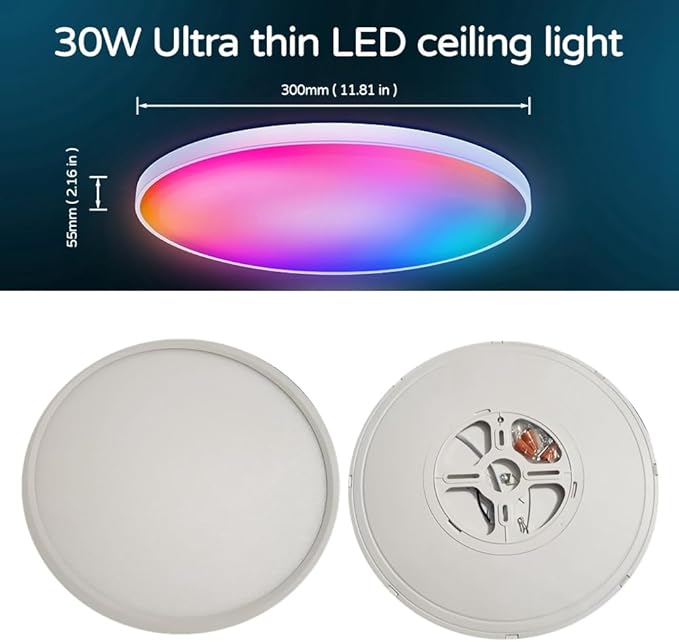 Smart Ceiling Light, 12" Inch LED Color Changing Ambient Lamp 30W 2400LM Flush Mount, Magic Home Wi-fi RGB Dimmable Work for Alexa & Google Voice Control 2200K-6500K DIY Colors Round White