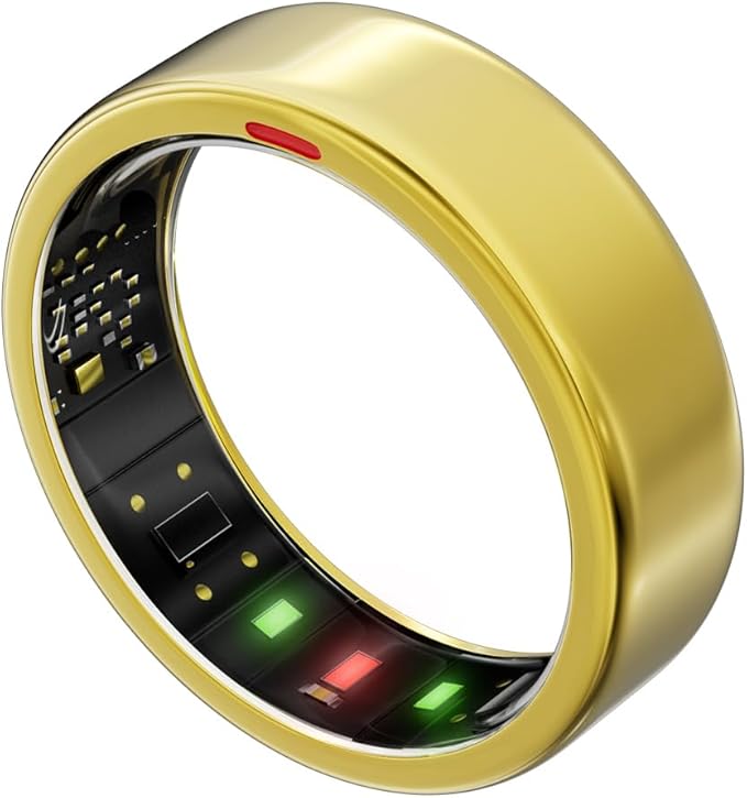 Smart Ring for Women Men- Sleep/Fitness/Stress/Heart Rate Tracker- Menstrual Records - 7 Days Battery Life - Wireless Charging - No APP Subscription - iOS & Android Compatible (Gold, Size 8)