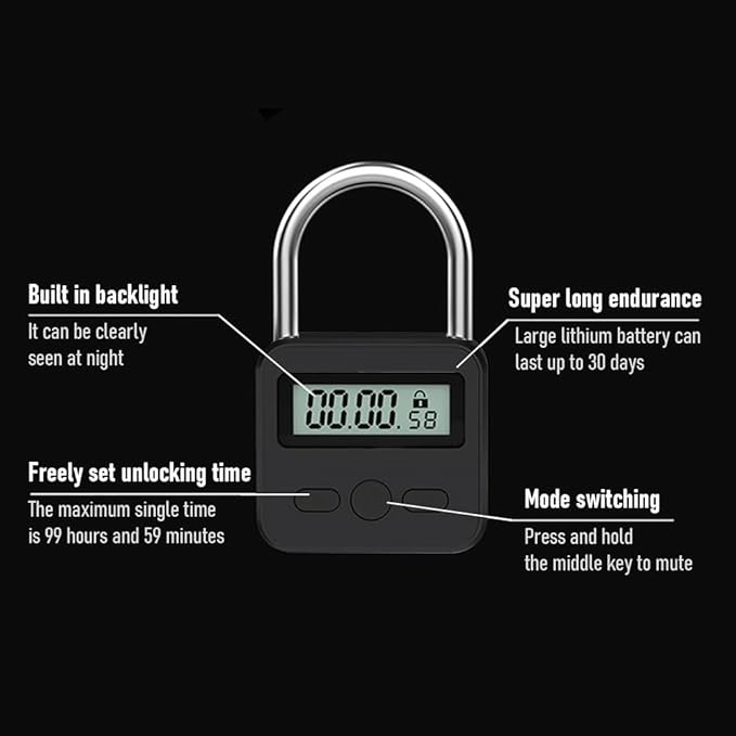 HAKUNA Metal Timer Lock - 99 Hours Max Timing, USB Rechargeable Timer Padlock with LCD Display, Multi-Function Electronic Time Lock for Self-Discipline (Black)