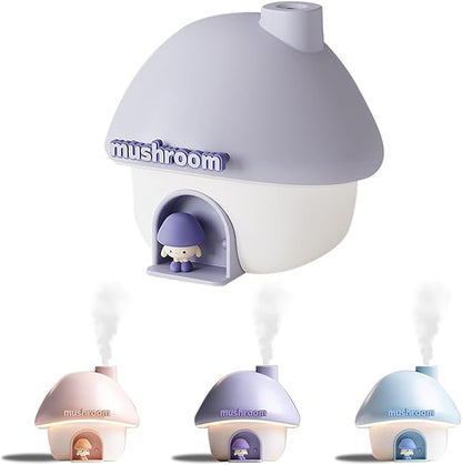 Cute Mushroom House Humidifier, 300ml Small Cool Mist Humidifers, USB Rechargeable Mini Portable Air Humidifer with Night Light for Bedroom, Office, Car, Travel, Indoor Plants (Purple)