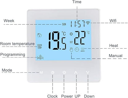 Aoresac Thermostat Smart Tuya WiFi Thermostat 16A Digital Programmable LCD Display Underfloor Heating Temperature Controller Digital Intelligent Wall Thermostat for Electric Heating
