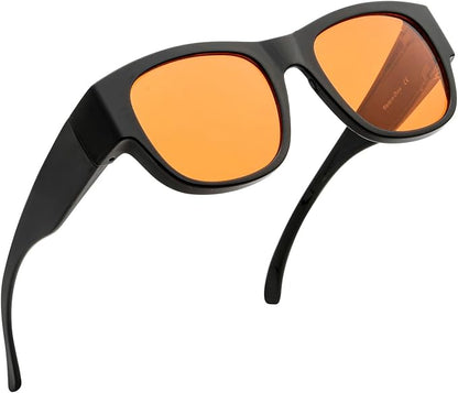 BLUELESS Fits Over Computer Eyeglasses with Orange Tinted Sleep Glasses, Black