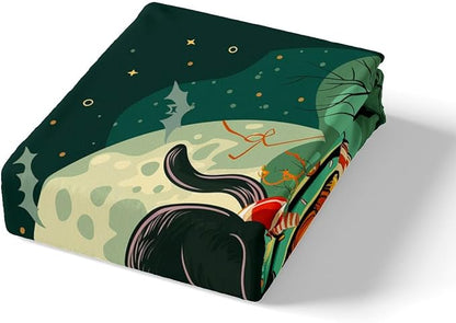 Halloween Bed Sheet Set Sweet Cake Dessert Trippy Fitted Sheet for Ultra Soft Exotic Cat Pumpkin Glitter Starry Moon Sky Green Black Bedding Cover Set Room Decor Queen (No Flat Sheet)