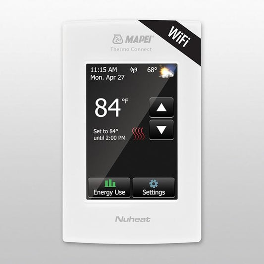 Mapei 2855301 Thermo Connect Smart WiFi Programmable Radiant Floor Heating Thermostat, with Floor Temperature Sensor, Built-in GFCI and Touchscreen Display, for 120-240V Flooring Heating System