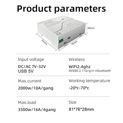 Smart WiFi Wireless Relay Switch Module, Tuya 4CH AC/DC 7-32V/ USB 5V Smart Life Remote Control Dry Contact Momentry Switch Compatible with Alexa and Google Home