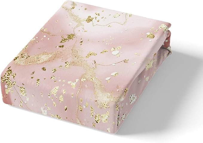 Manfei Pink Marble Kids Sheet Set Queen Size, Abstract Stone Texture Bed Sheet Set 4pcs (Fitted Sheet, Flat Sheet, 2 Pillowcases), Gold Glitter Marbling Bedding Set for Boys Girls Bedroom Decor