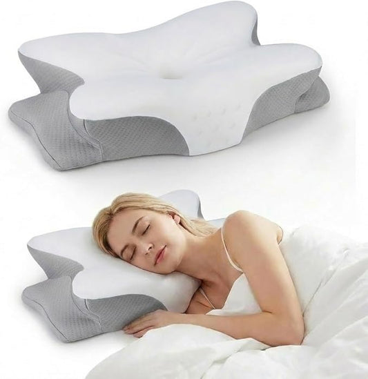 Cervical Neck Pillow for Pain Relief-Ergonomic Side Sleeper Pillow，Cooling Memory Foam Pillows for Neck Support,Contour Orthopedic Pillows for Back Stomach Sleepers (White&Grey 1)