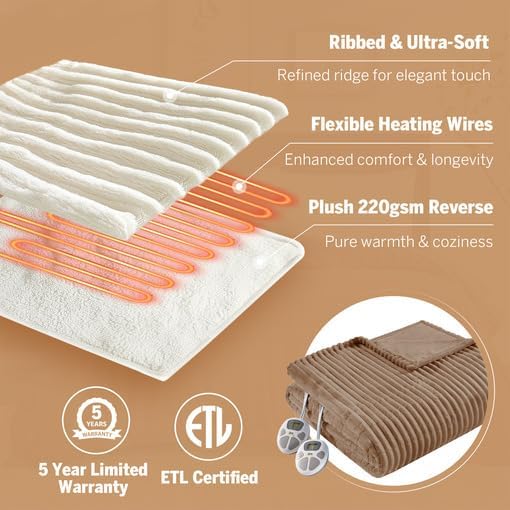 Serta Electric Blanket, Soft, Ribbed, Plush Heating Blanket King for Office, Couch, 1-12 hr Auto Shut Off Timer, 10 Lv Heating, ETL Certified, King 100"x90" Chestnut Brown