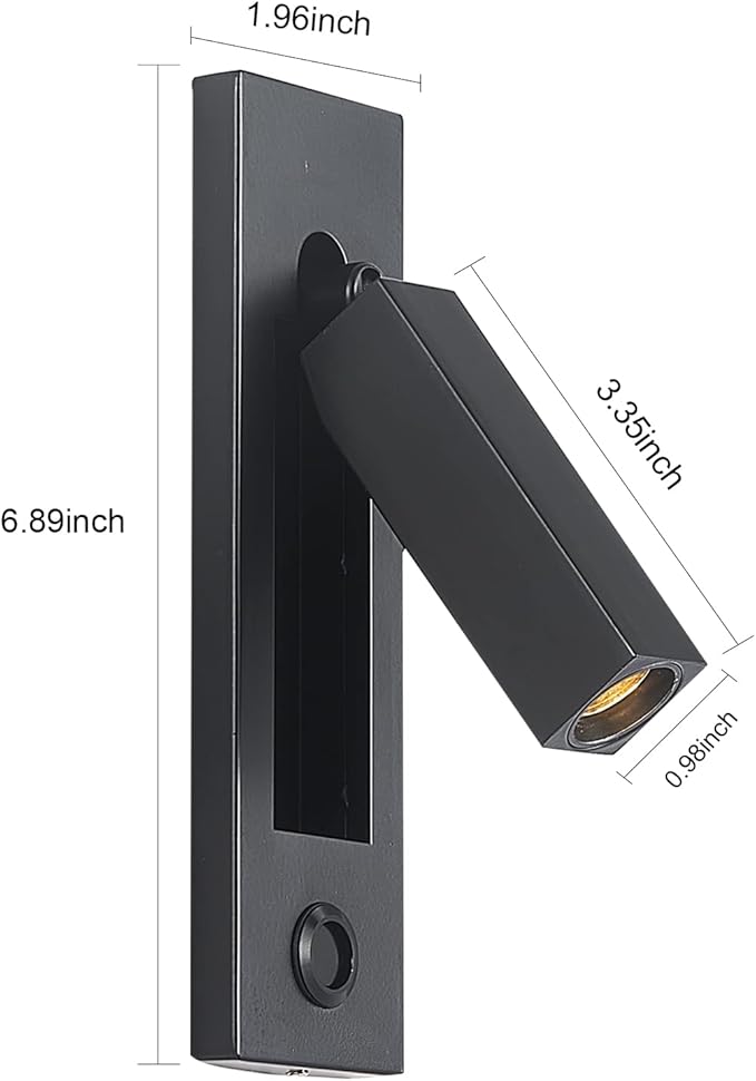 LED Wall Light Bedside Reading Light, with Button Portable Charging Port, Lift Down Control Switch,Hardwire Recessed Unplugged (Black)