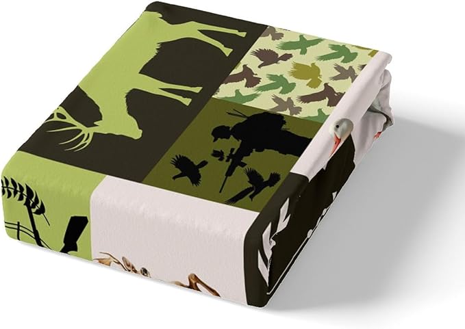 Cabin Deer Kids Fitted Sheet Twin Size,Hunt Arrows Geometric Camo Grids Bedding Set,Boys Girls Room Decor,Duck Bass Fish Sealife Wild Animal Rustic Bed Cover,Green Bed Sheet,1 Pillowcase,No Top Sheet