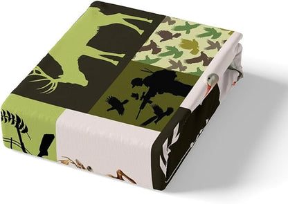 Cabin Deer Kids Fitted Sheet Twin Size,Hunt Arrows Geometric Camo Grids Bedding Set,Boys Girls Room Decor,Duck Bass Fish Sealife Wild Animal Rustic Bed Cover,Green Bed Sheet,1 Pillowcase,No Top Sheet
