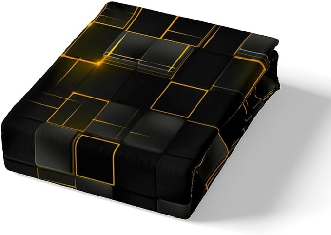 Manfei Geometric Sheet Set Queen Size, Abstract Square Grid Print Bedding Set for Kids Boys Girls Adults, Yellow and Black Bed Sheet Set 4pcs with Deep Pocket Fitted Sheet + Flat Sheet + 2 Pillowcases