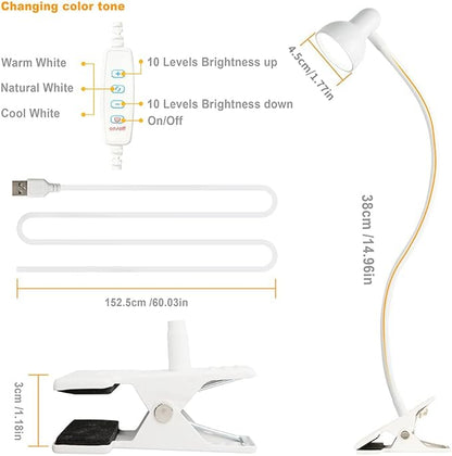 Clip on Lamp USB Reading Light, 3 Color Modes, 10 Brightness Dimmable, 360° Flexible Desk Lamp with Clamp, Eye Care Clip on Light for Bed Desk Headboard Home Dorm White