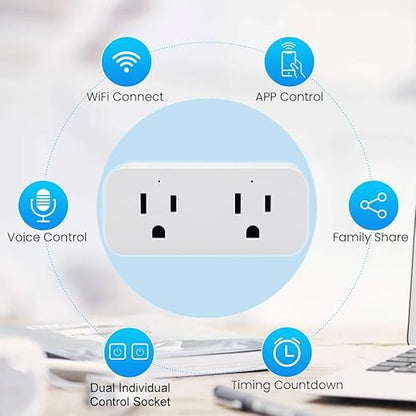 QIACHIP 16A/2000W Timer Smart Plug with 2 Independent Control Sockets, Ewelink App Remotely Control, WiFi Plug Outlet 4 Packs, Compatible with Alexa,Google Home, SmartThings