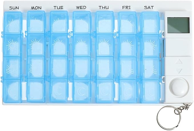 7 Day Timed Medicine Box with Alarm Reminder 28 Grids Compartments Removable Timer Backlight Weekly Pill Organizer for Vitamins and Pills 7.48 * 4.13 * 0.98inch
