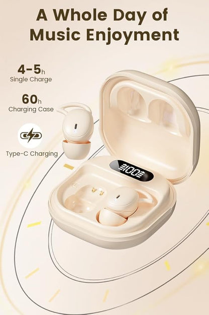 Sleep Earbuds, 5.4 Bluetooth Noise Cancelling Headphones for Sleeping, Ultra Thin Side Sleeper Proof Wireless Earphones with 60H Playback, HD Mic, Touch Control for Home Office Travel-OFF WHITE
