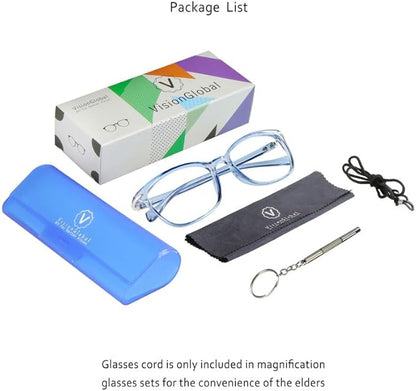 VisionGlobal Blue Light Blocking Glasses for Women/Men, Anti Eyestrain, Computer Reading, TV Glasses, Stylish Square Frame, Anti Glare(Clear Blue,+3.50 Magnification)