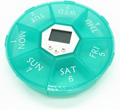 FAVOMOTO Electronic Pill Dispenser with Compartments and Alarm Clock Weekly Medication Organizer Box for Patients See-Through Lids Daily Reminder Portable Emerald Pill Storage Chest