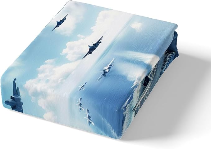 Warplane Kids Fitted Sheet Full Size,Aviation Aircraft Warship Bedding Set,Boys Men Room Decor,Modern Fighter Airplane Fashion Bed Cover,Ocean Blue Bed Sheet,2 Pillowcases
