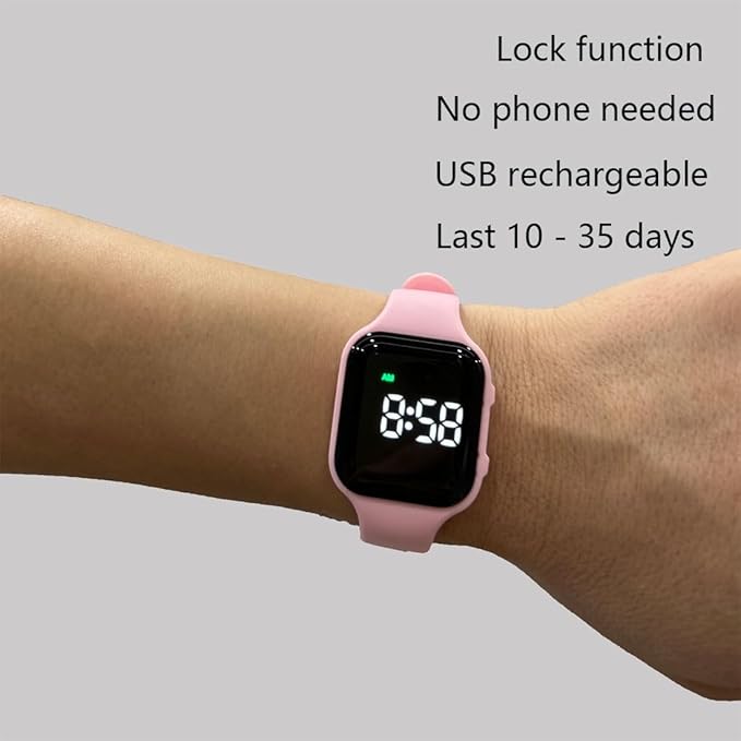 Water Resistant Potty Training Watch Rechargeable Vibrating Alarm Reminder Watch Silent Wake Up Wristband - with Lock (Pink)