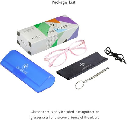 VisionGlobal Blue Light Blocking Glasses for Women/Men, Anti Eyestrain, Computer Reading, TV Glasses, Stylish Square Frame, Anti Glare